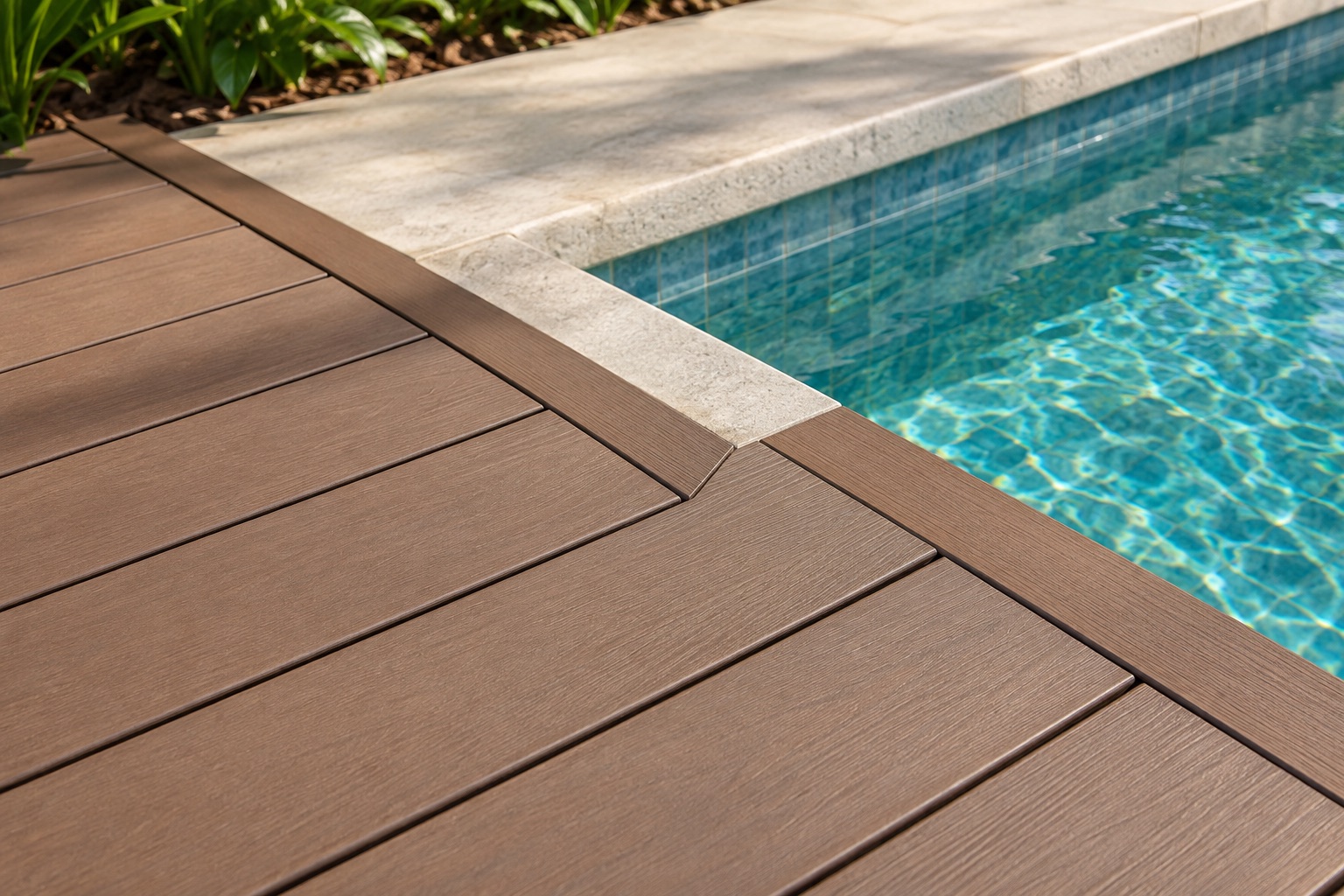 Detalhe do acabamento do deck junto à borda da piscina