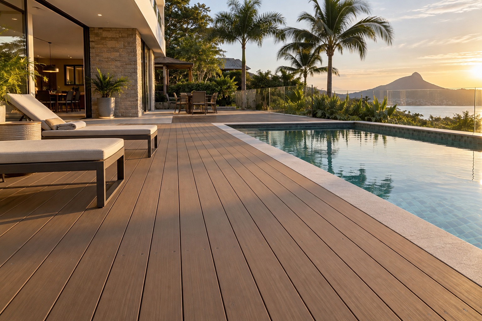 Deck em madeira plástica ao redor de piscina residencial