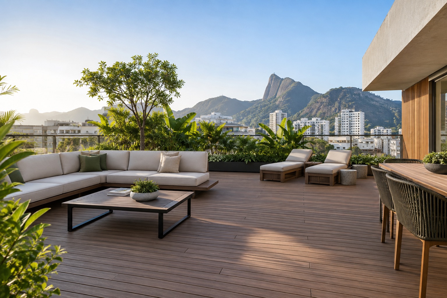 Terraço amplo revestido com deck em madeira plástica