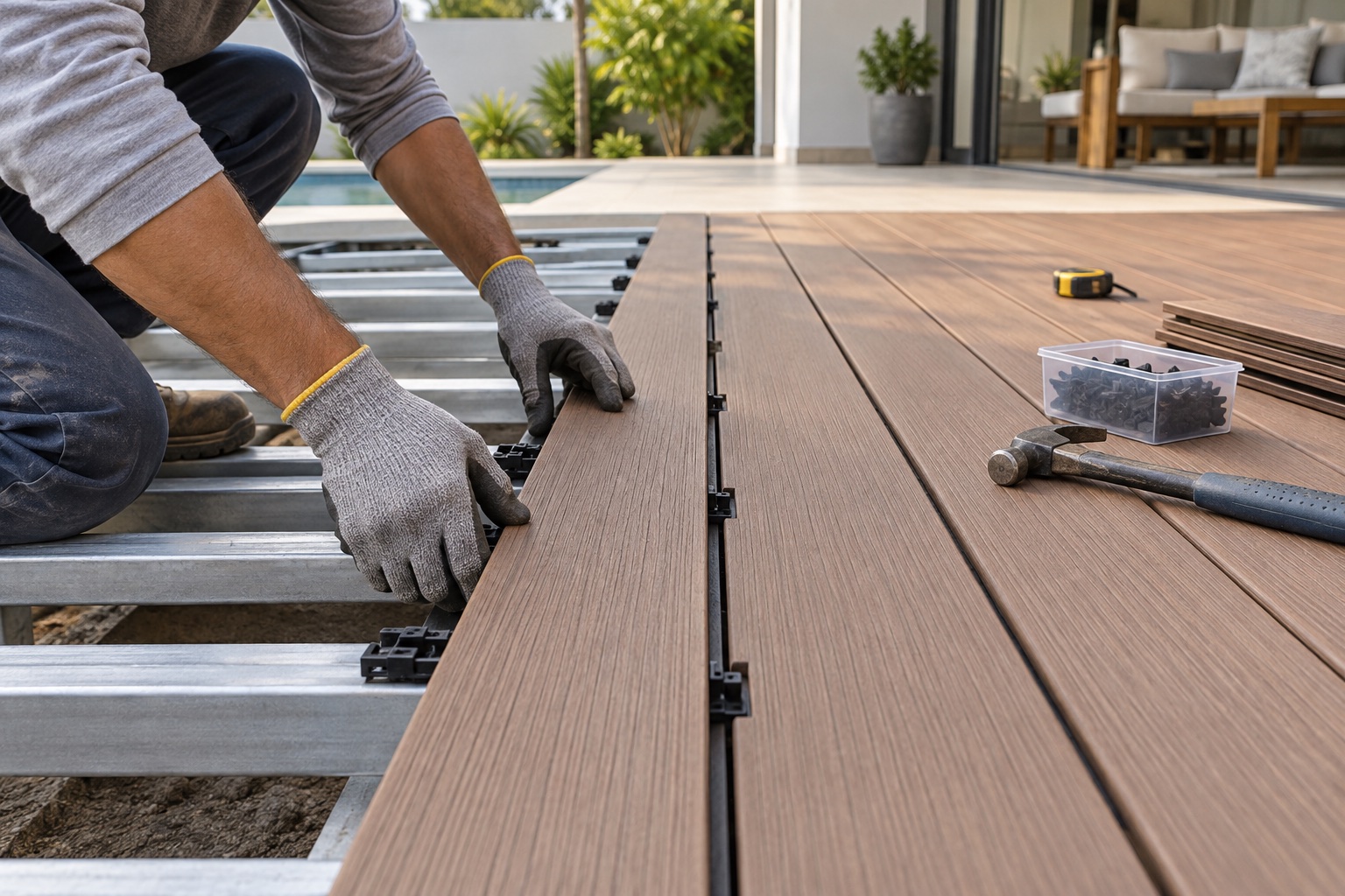 Profissional instalando réguas de deck em madeira plástica