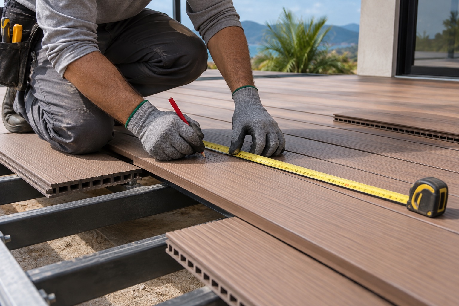 Profissional medindo uma régua de deck antes do corte