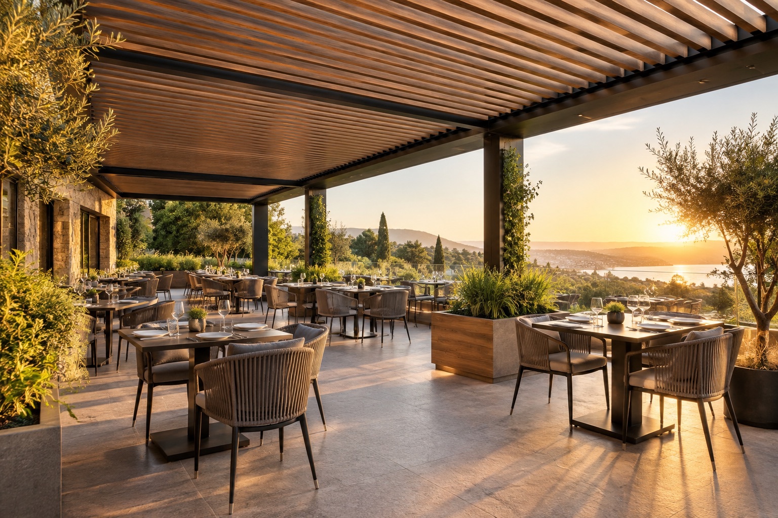Terraço comercial coberto por pergolado