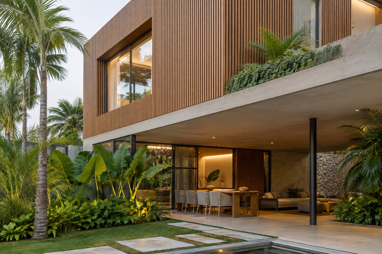 Fachada contemporânea revestida com ripado em madeira plástica