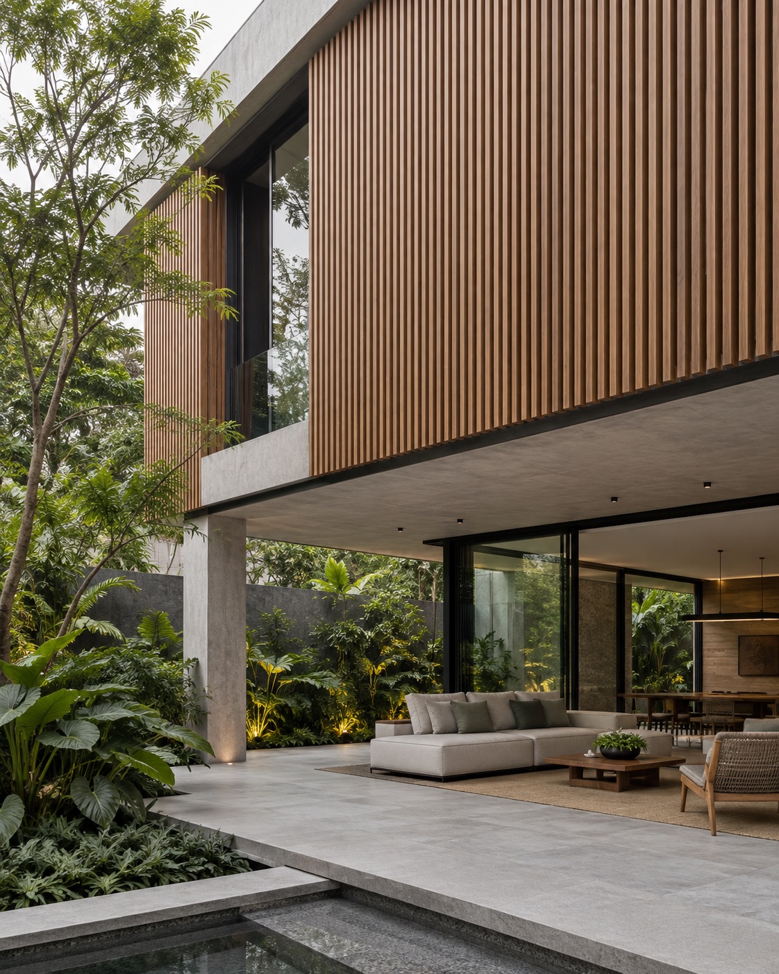 Conceito de fachada contempor&acirc;nea com painel ripado em madeira pl&aacute;stica